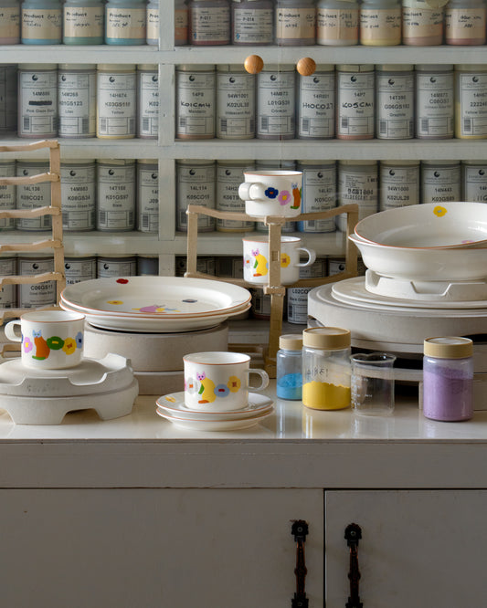 Display of ceramic items with colorful designs on a white surface, with shelves of labeled containers in the background.