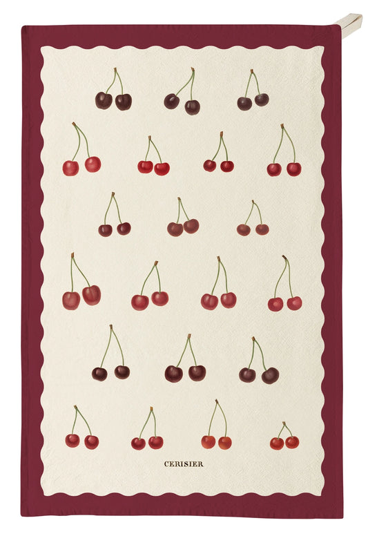 A rectangular kitchen towel with a cream center, scalloped burgundy border, and printed cherries in red and dark burgundy tones. The word 'CROISSANT' appears at the bottom.
