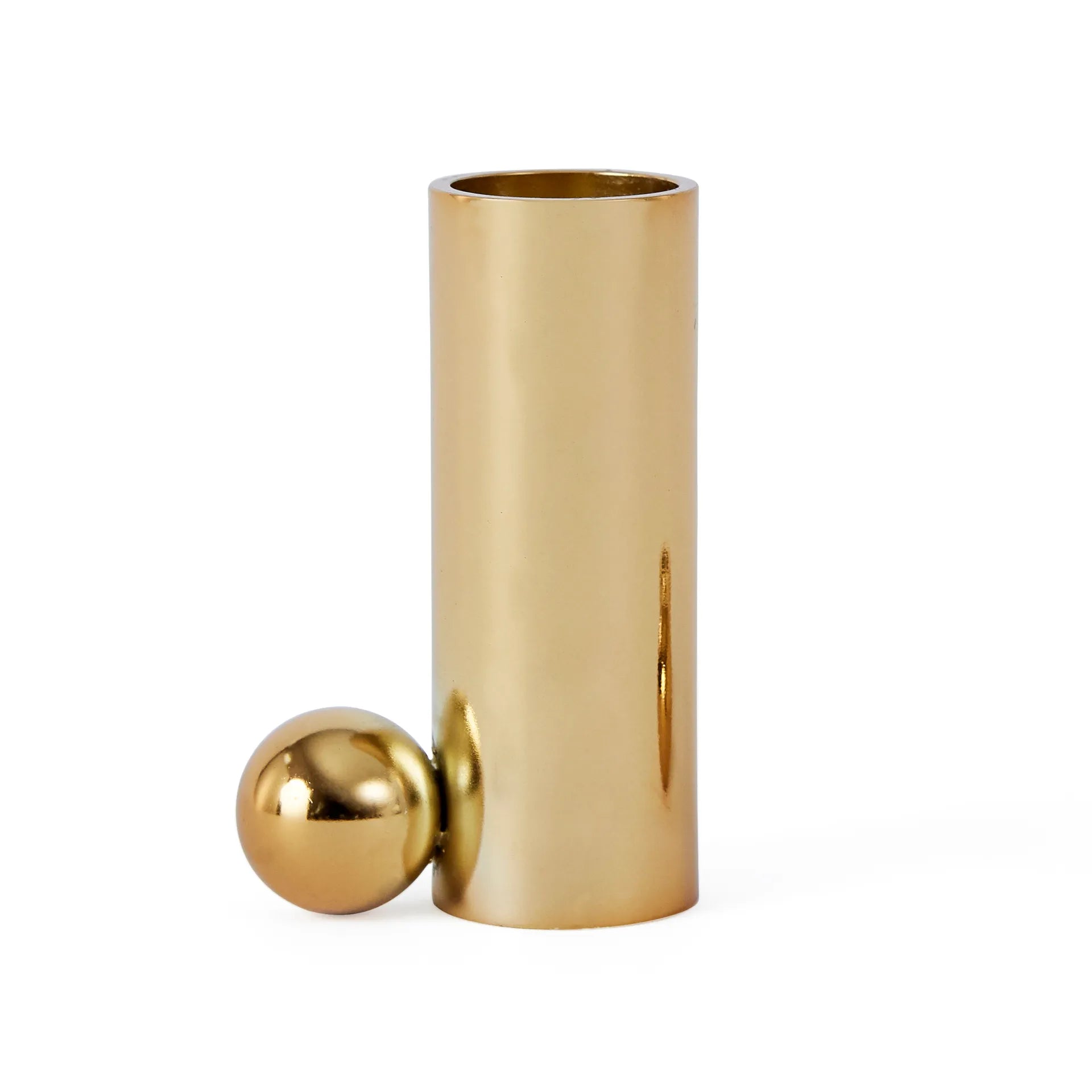 Gold candle holder with a spherical design on a white background