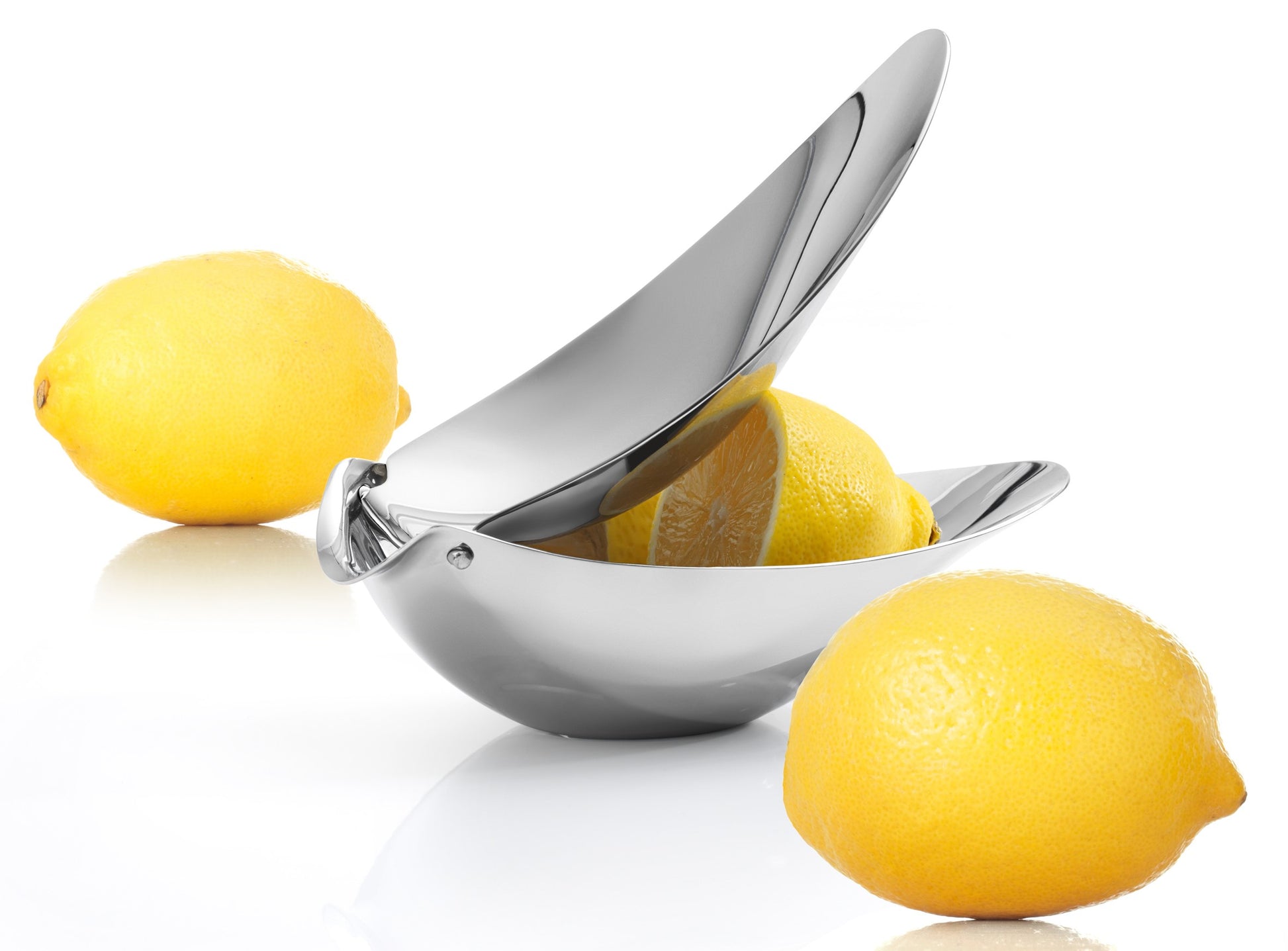 Metallic lemon squeezer with lemons on a white background