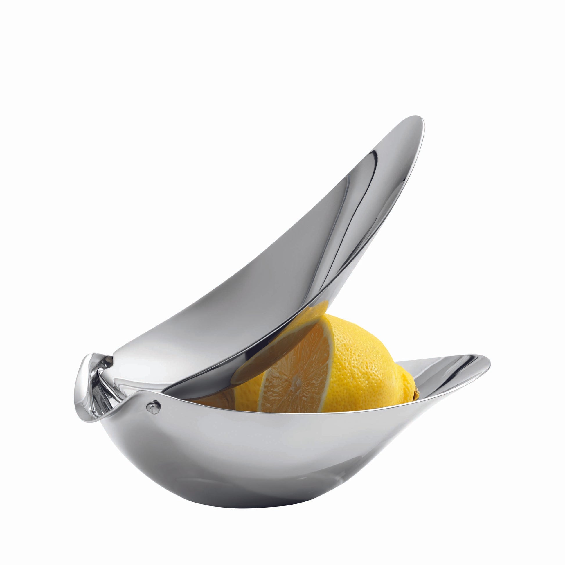 Metallic lemon squeezer with a lemon inside on a white background