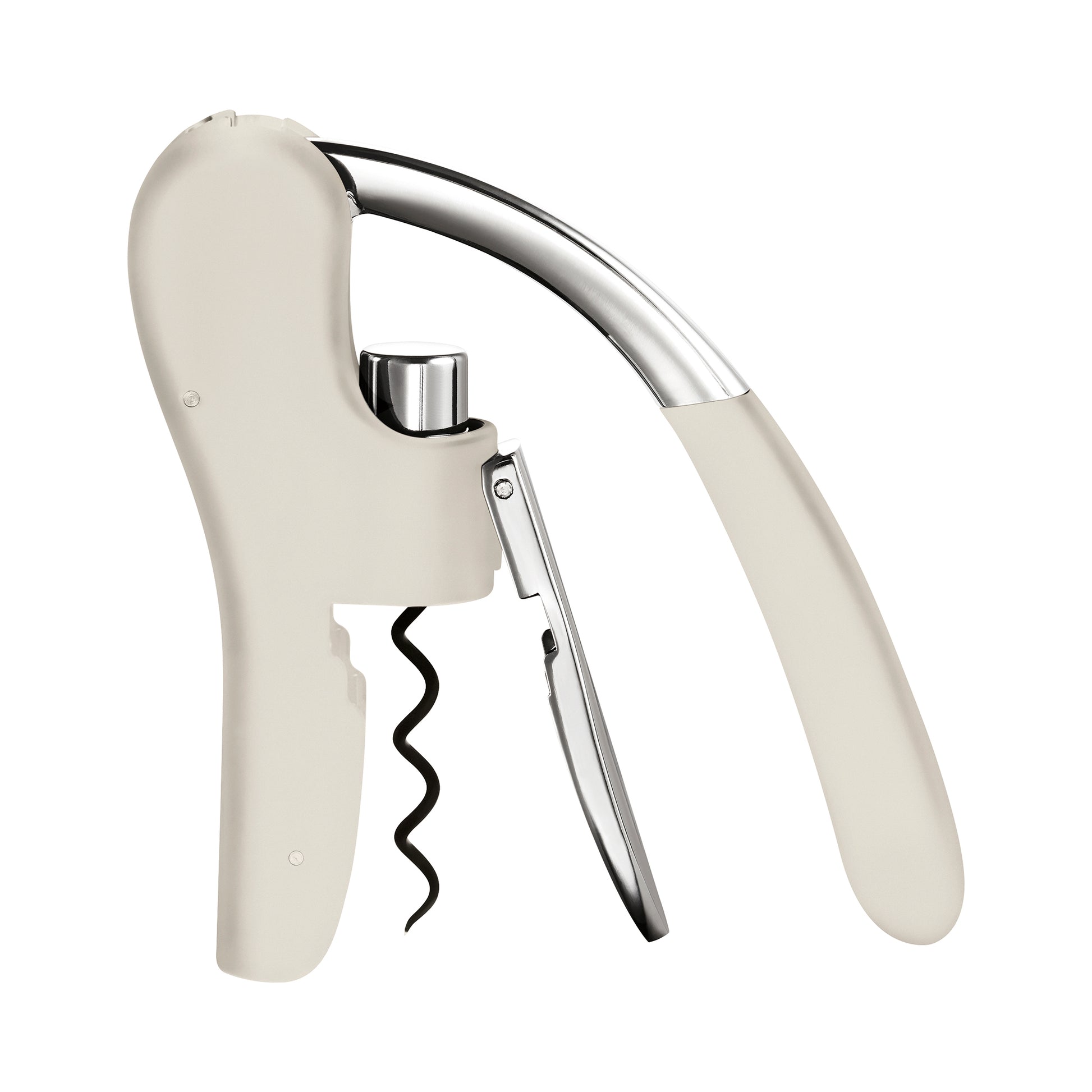 Wine opener with beige handle and silver lever on a white background