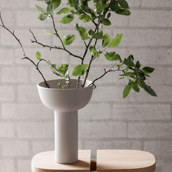 Potted plant on a small wooden table against a gray brick wall