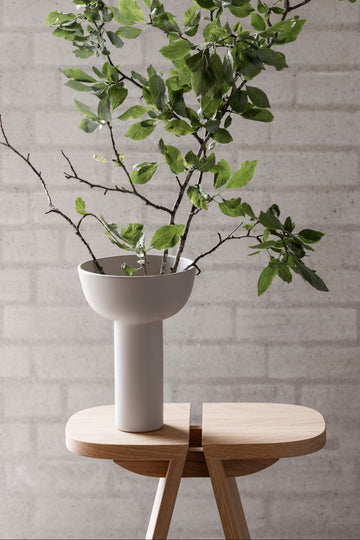 Potted plant on a small wooden table against a gray brick wall