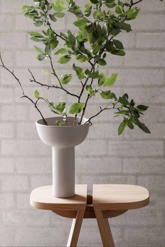 Potted plant on a small wooden table against a gray brick wall
