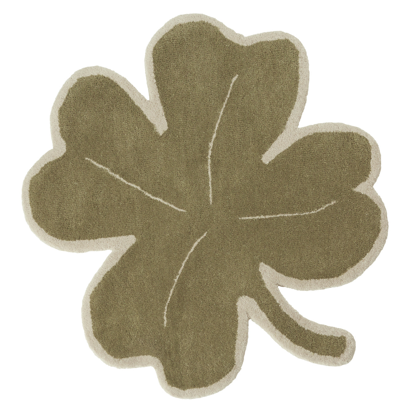 Olive-green leaf-shaped rug with a cream-colored outline, shown flat against a white background