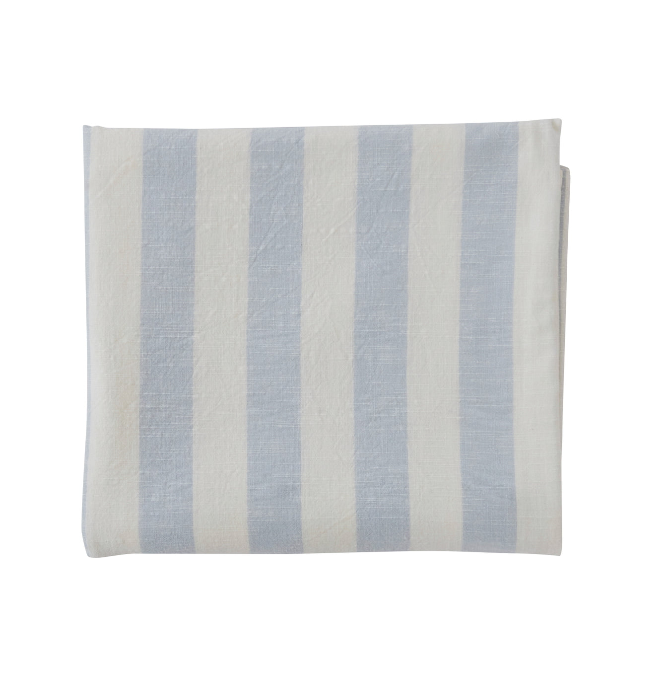 Light-blue and white striped rectangular tablecloth laid flat, with the fabric’s linen-like texture visible