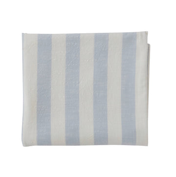 Light-blue and white striped rectangular tablecloth laid flat, with the fabric’s linen-like texture visible