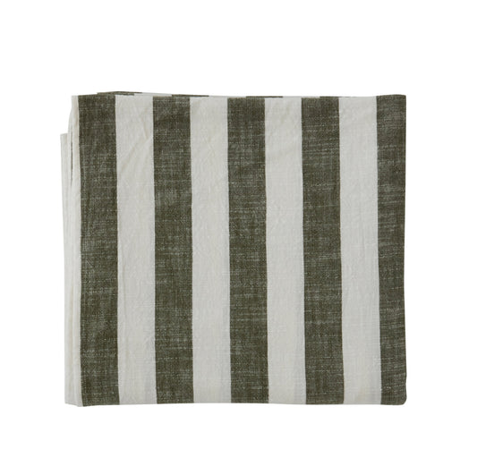 Olive and white striped rectangular tablecloth laid flat, with the fabric’s linen-like texture visible