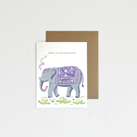 Greeting card with elephant on white background