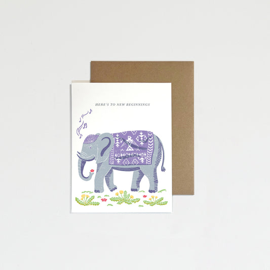 Greeting card with elephant on white background