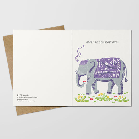 Greeting card with an elephant illustration on a white background