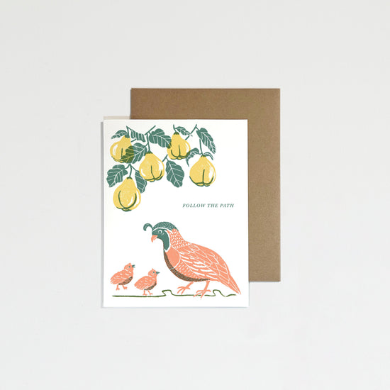 Greeting card with a bird and pear design on a white background