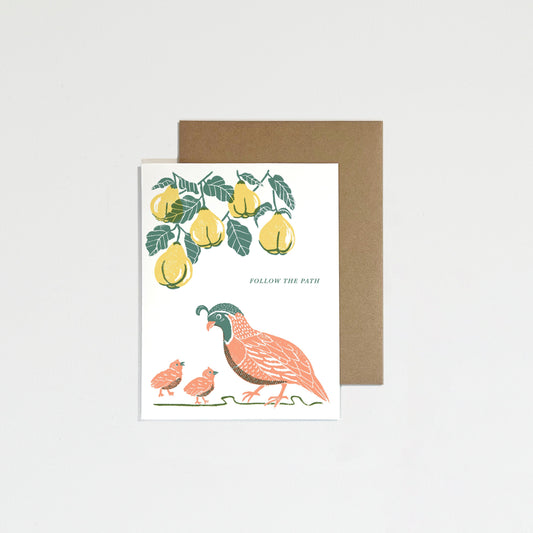 Greeting card with a bird and pear design on a white background