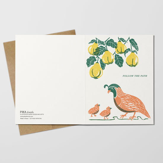 Greeting card with a bird and chicks and pears design on a white background