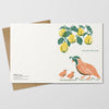 Greeting card with a bird and chicks and pears design on a white background