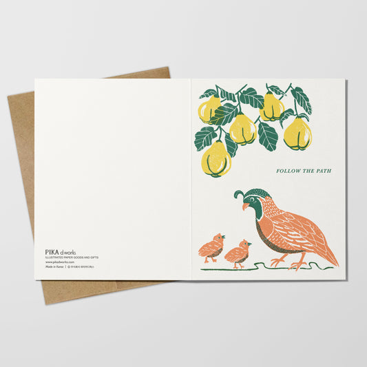 Greeting card with a bird and chicks and pears design on a white background