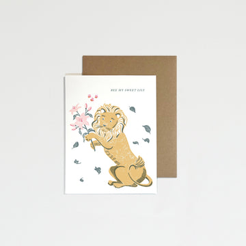 Greeting card with a lion design and floral elements on a white background