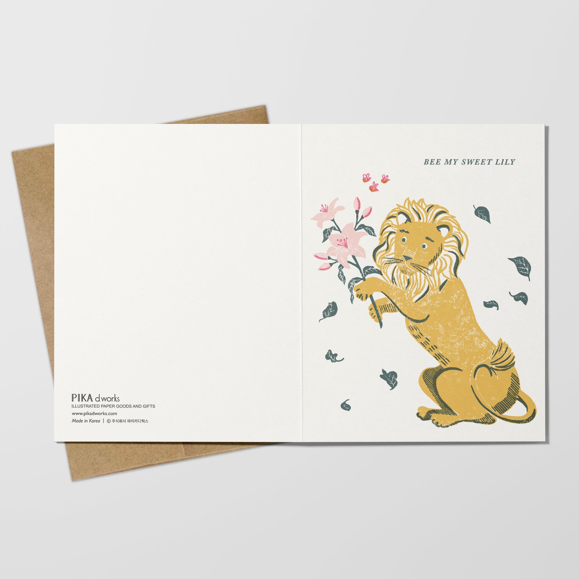 Greeting card with a lion holding flowers on a white background
