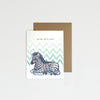 Greeting card with zebra illustration on a white background