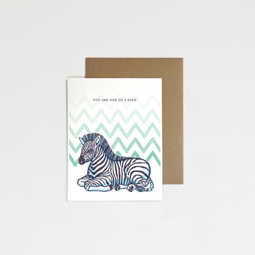 Greeting card with zebra illustration on a white background