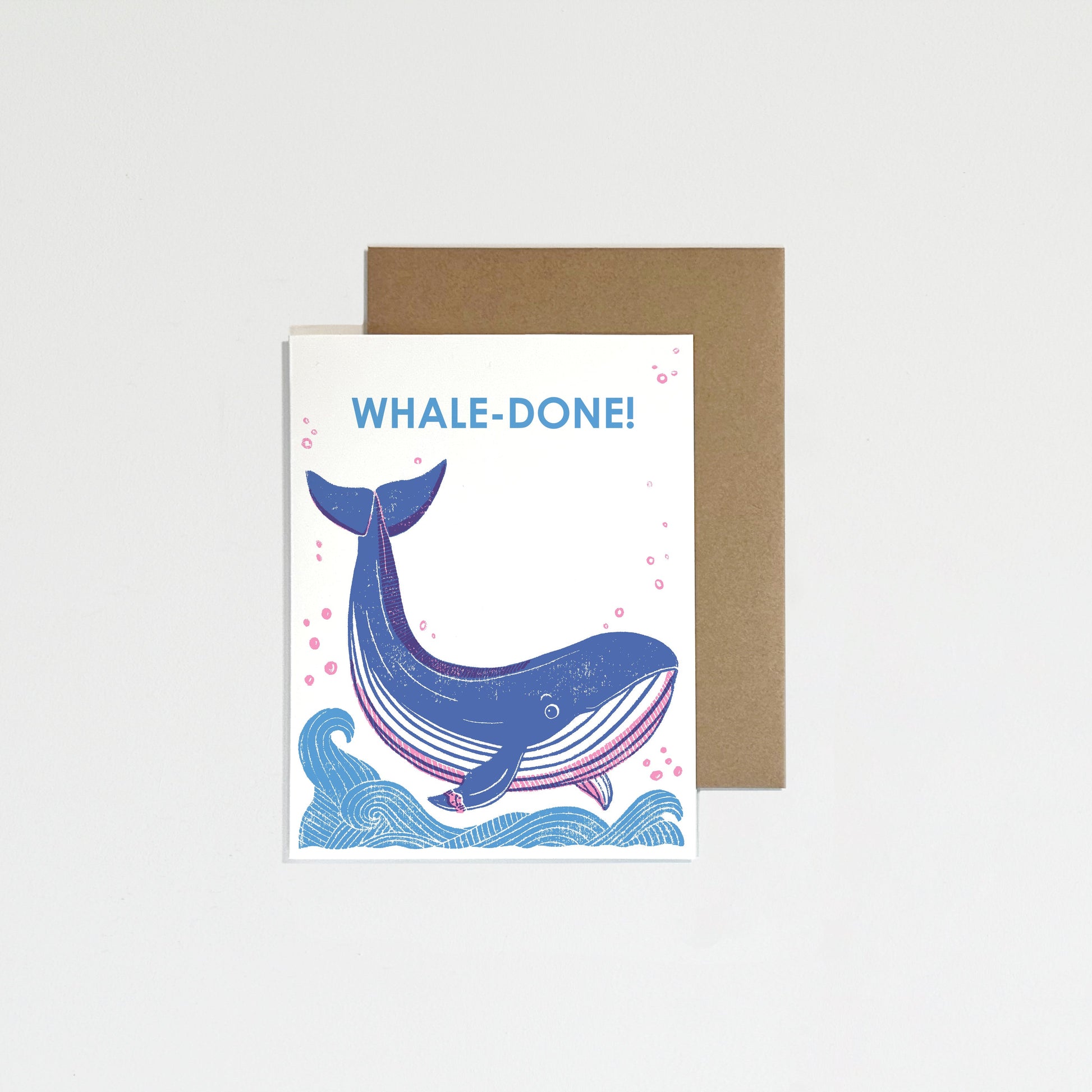 Greeting card with whale illustration and 'WHALE-DONE!' text on a white background