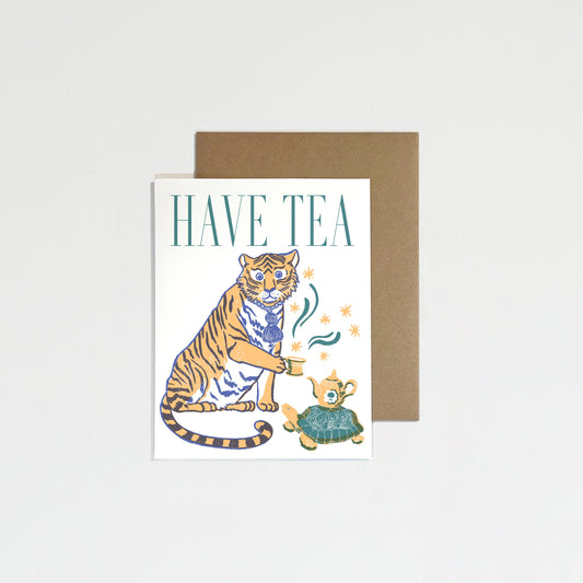Greeting card with a tiger design and 'Have Tea' text on a white background