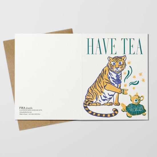 Greeting card with a tiger design and 'Have Tea' text on a white background