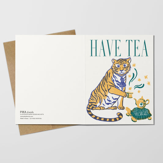 Greeting card with a tiger design and 'Have Tea' text on a white background