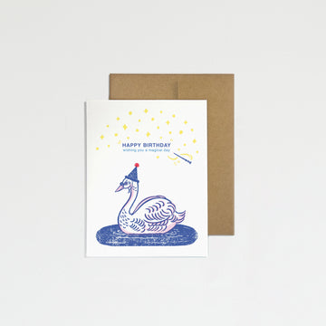 Greeting card with a swan design and 'Happy Birthday' text on a white background