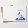 Greeting card with a swan wearing a party hat and 'Happy Birthday' text on a white background.