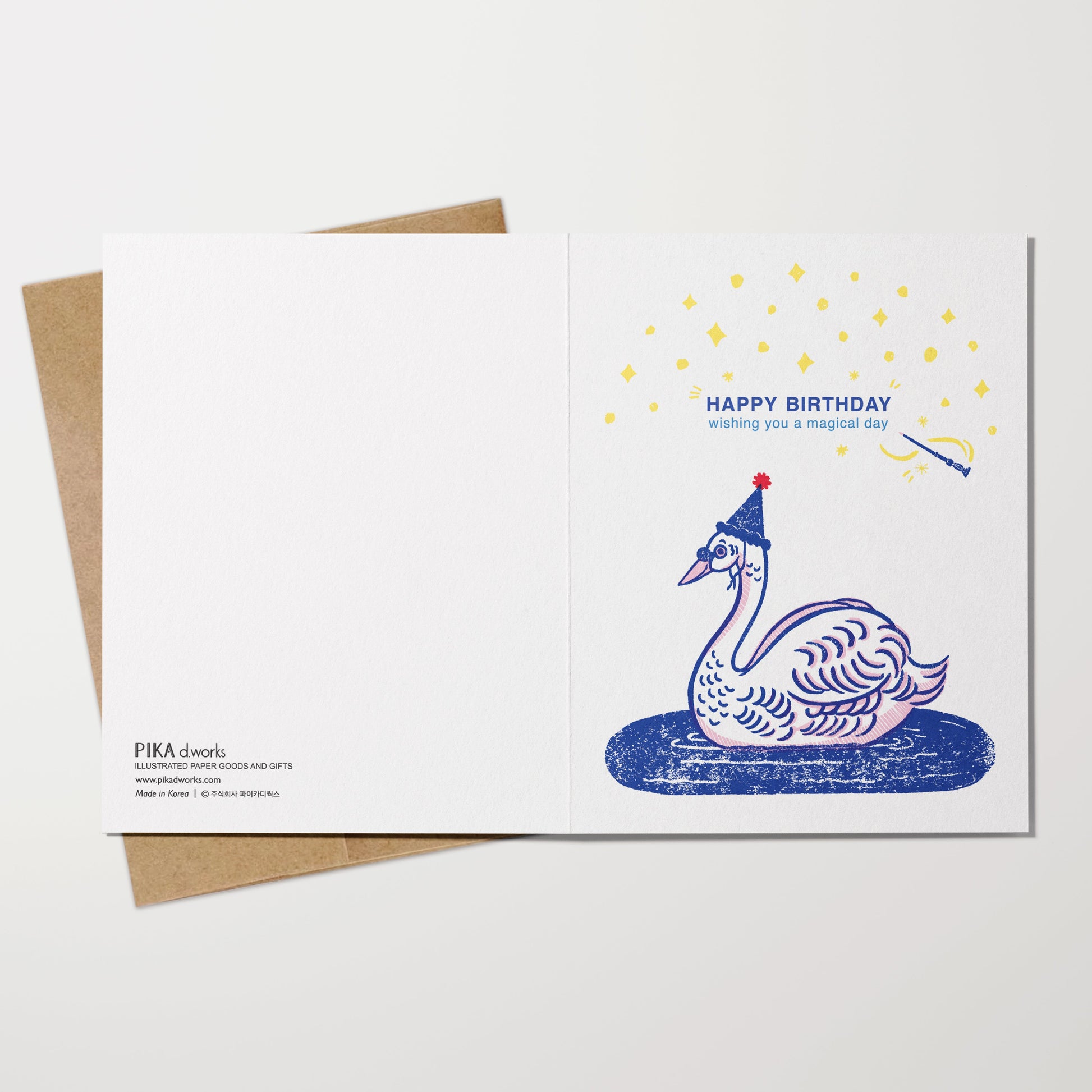 Greeting card with a swan wearing a party hat and 'Happy Birthday' text on a white background.