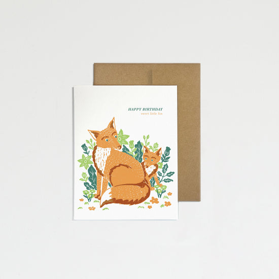 Greeting card with fox illustration on a white background