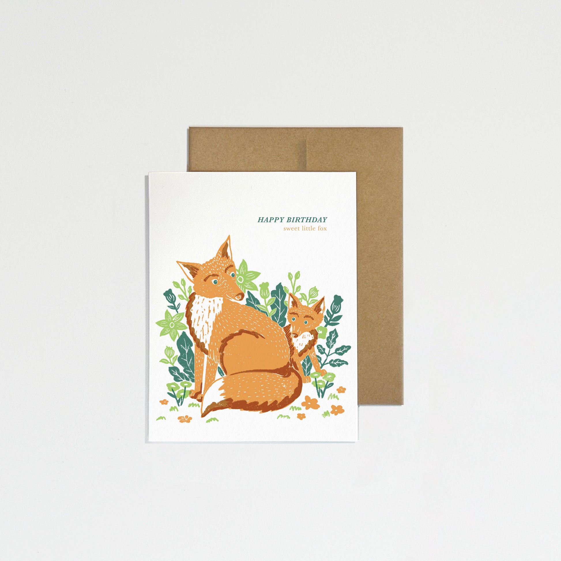 Greeting card with fox illustration on a white background