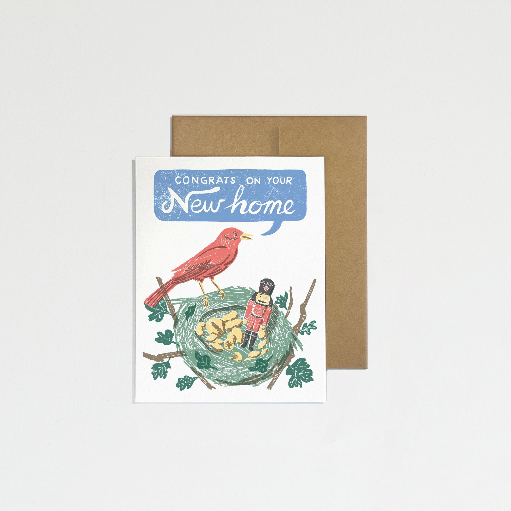Greeting card with illustration of birds and text 'Congratulations on your new home' on a plain background