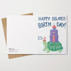Greeting card with turtle and gift box illustration and 'Happy Belated Birthday!' text on a white background.