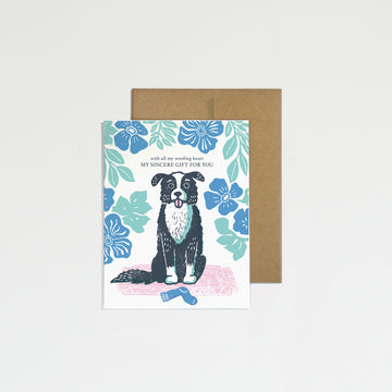 Greeting card with a dog illustration on a floral background