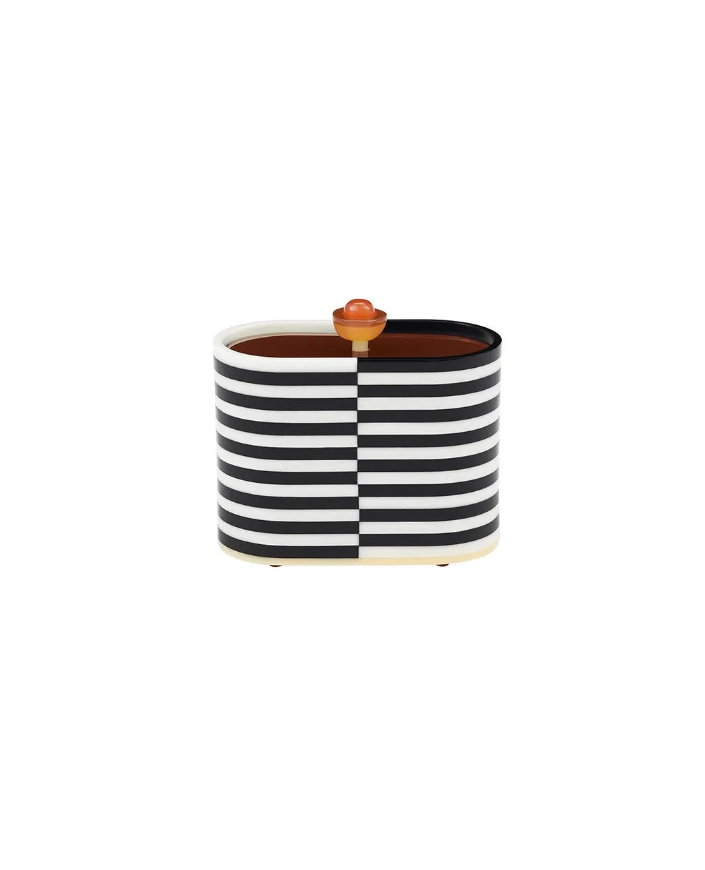 Black and white striped container with a wooden lid on a white background