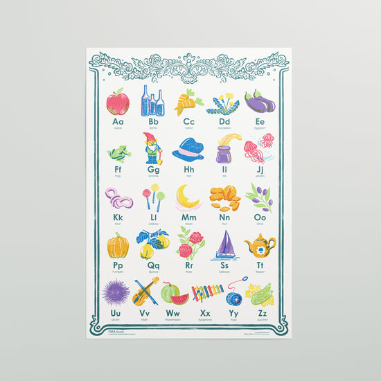 Colorful alphabet chart with illustrations on a gray background