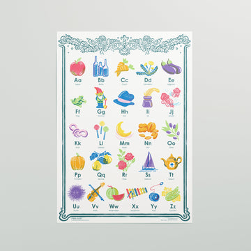 Colorful alphabet chart with illustrations on a gray background