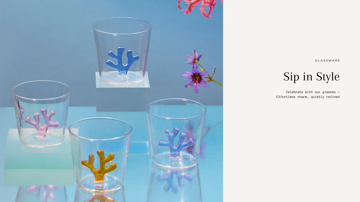 Clear glasses with coral designs on a blue background