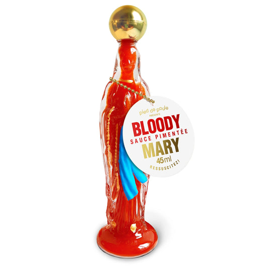 Bottle of Bloody Sauce Pimentée Mary with a white label on a white background