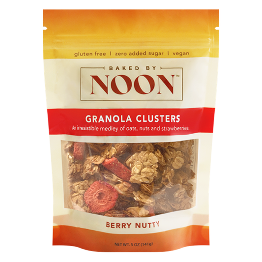 Bag of Baked by Noon Berry Nutty Granola Clusters with visible ingredients on a white background