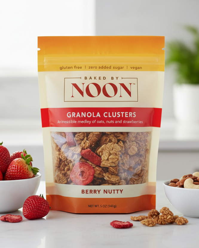 Packaging of Baked by Noon granola clusters with a berry nutty flavor on a white background.