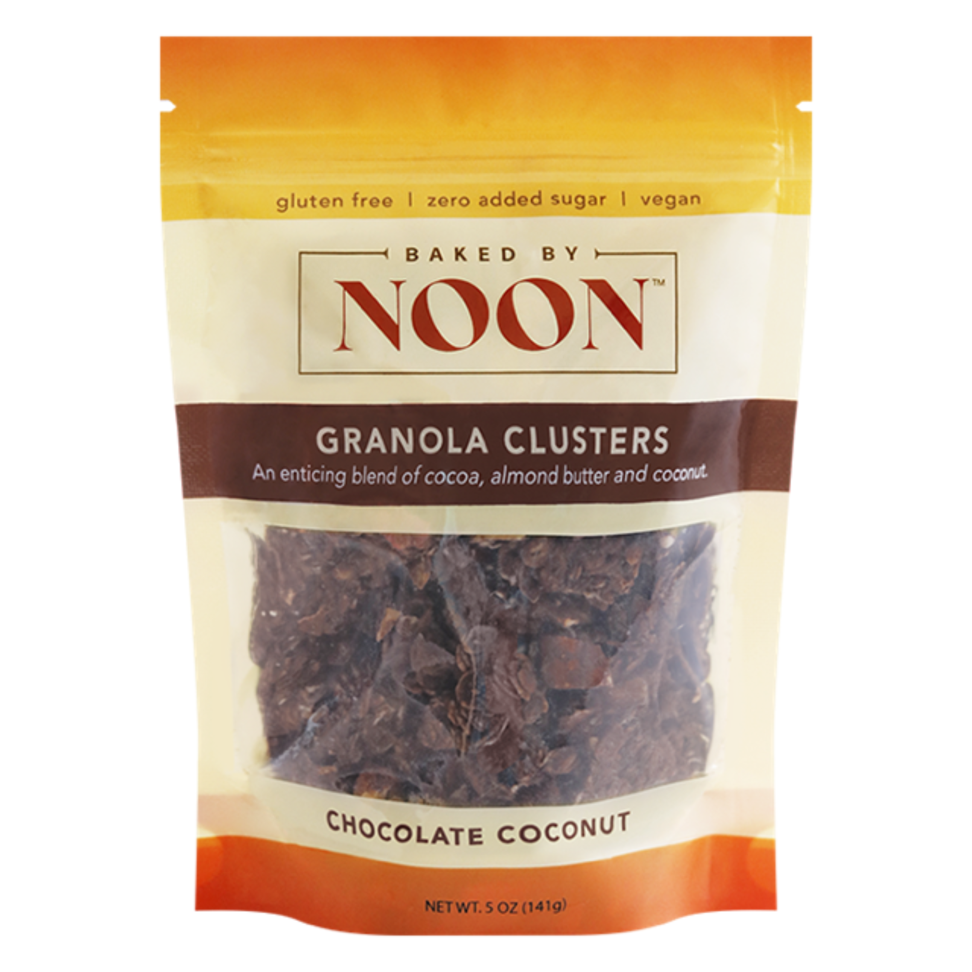 Packaging of Baked by Noon Chocolate Coconut Granola Clusters on a white background
