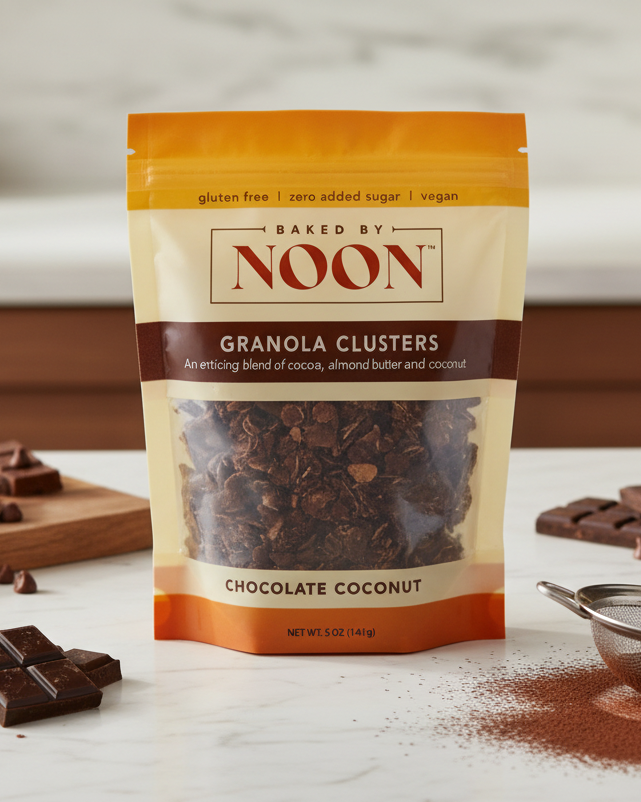 Bag of Baked by Noon Chocolate Coconut Granola Clusters on a white surface with chocolate pieces and a sieve.