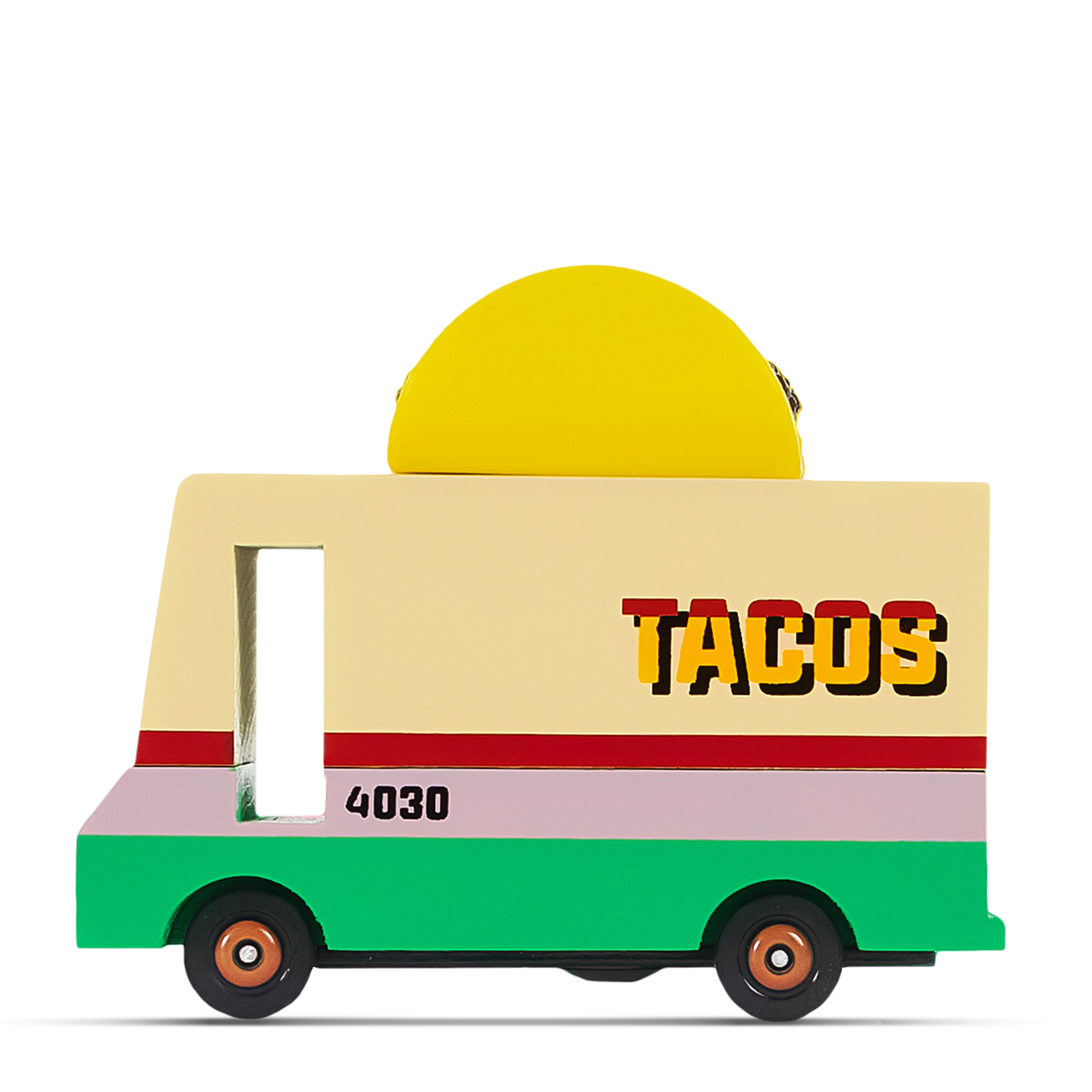 Colorful wooden toy taco truck with a yellow taco on top and the word ‘TACOS’ printed on the side in bold lettering.