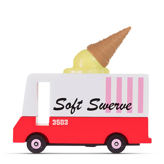 Red and white wooden ice cream truck toy with ‘Soft Swerve’ written on the side and a plastic ice cream cone decoration on the roof.