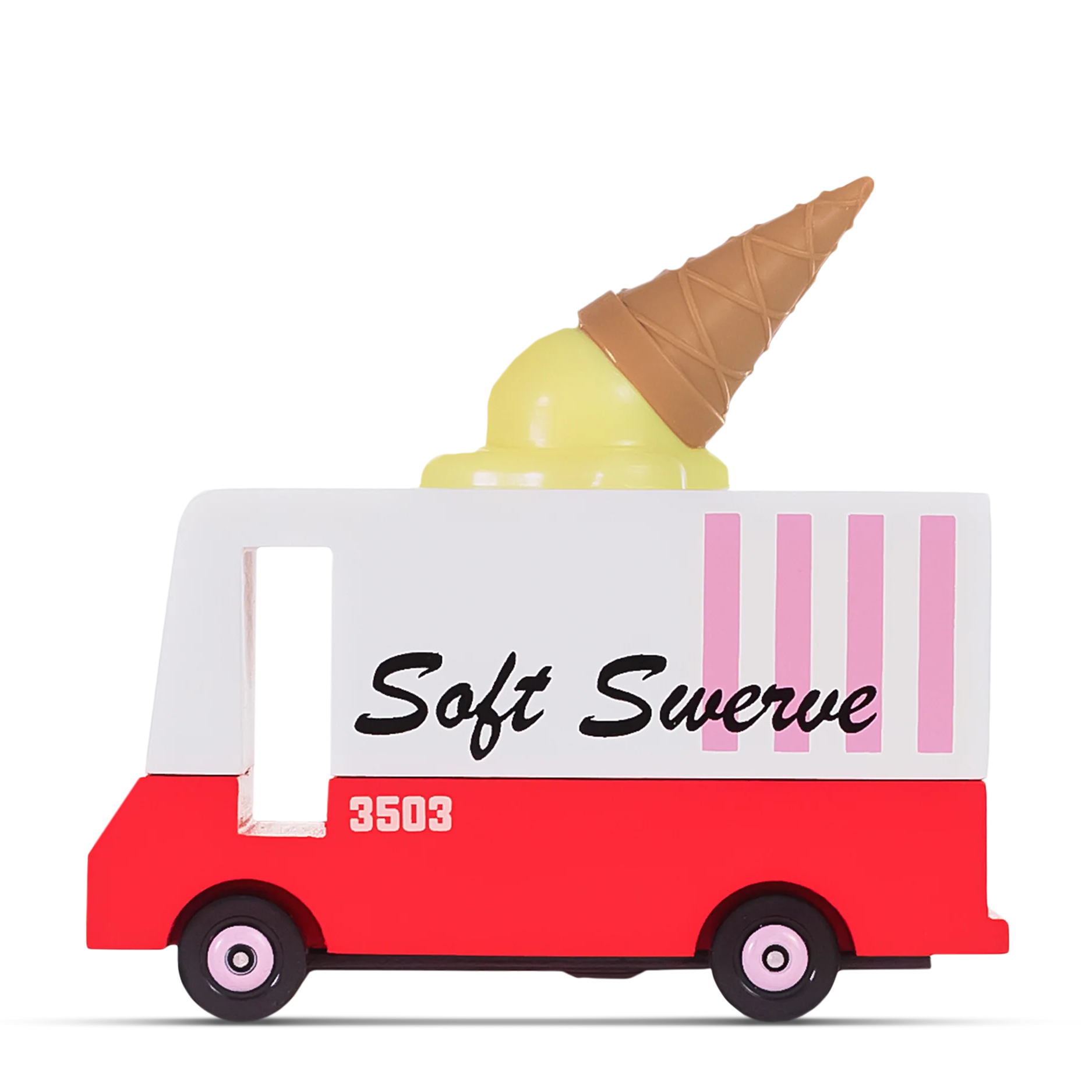 Red and white wooden ice cream truck toy with ‘Soft Swerve’ written on the side and a plastic ice cream cone decoration on the roof.