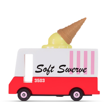 Red and white wooden ice cream truck toy with ‘Soft Swerve’ written on the side and a plastic ice cream cone decoration on the roof.